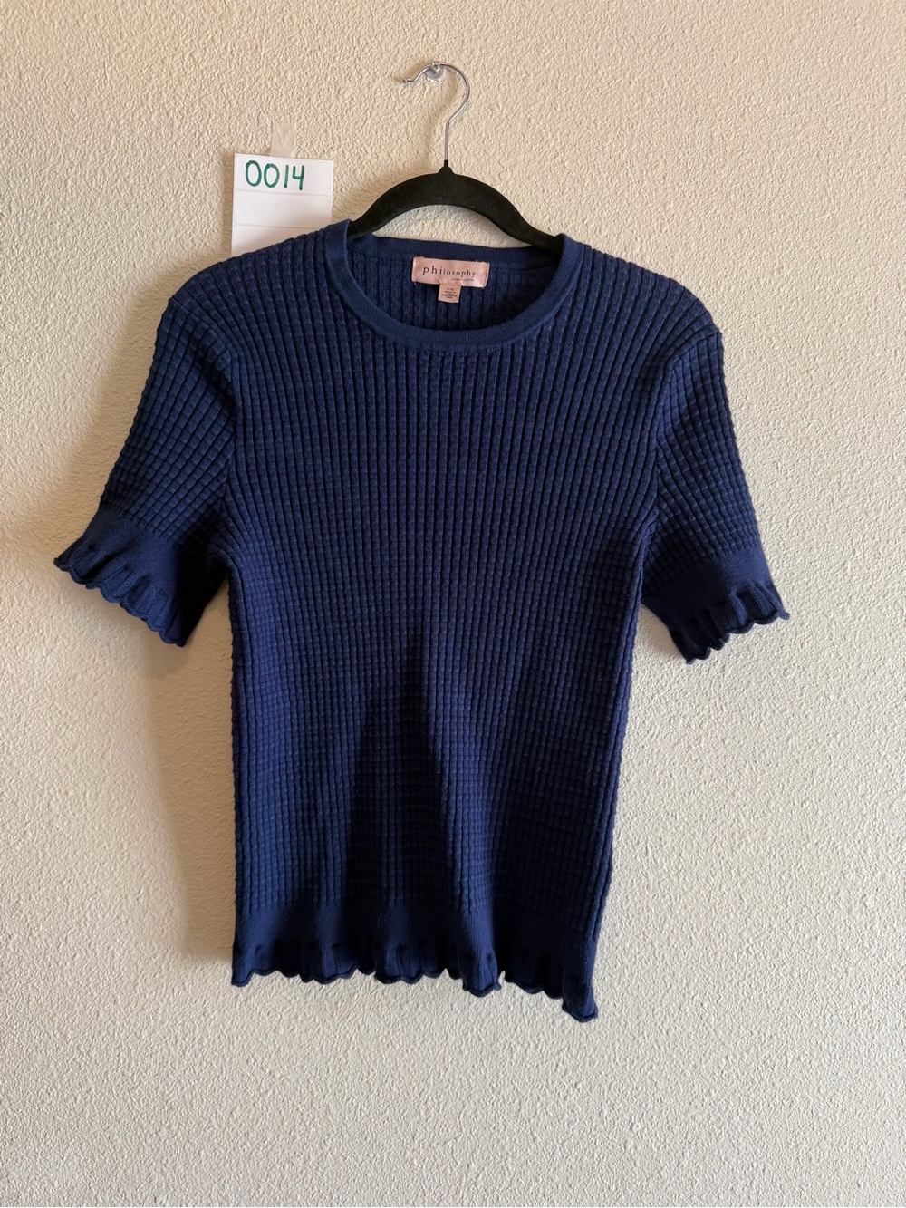 Philosophy Navy Ribbed Short-Sleeve Top with Ruffle Edges
